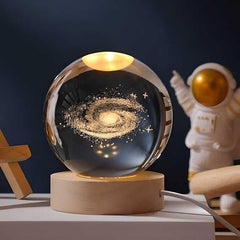 3D Crystal Galaxy Ball Lamp - LED Light with Wooden Base